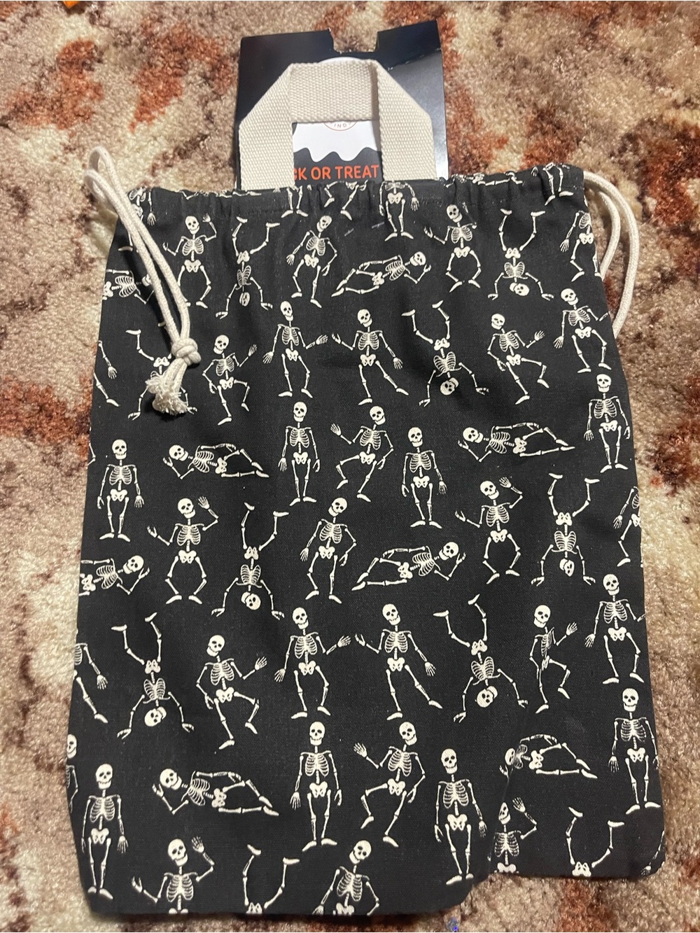 Kids Black Skeleton Drawstring Treat Bag by